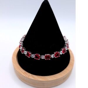Ruby Red Emerald Cut Tennis Bracelet Silver Tone Clear Accents Formal Jewelry